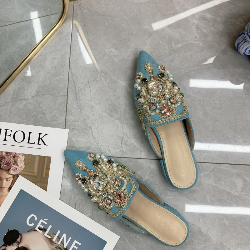 Ženske mule s velurom na vrhu, ukrašene rhinestones i čipkom, protuklizna PU potplat, unutrašnjost imitacija kože, etnički stil