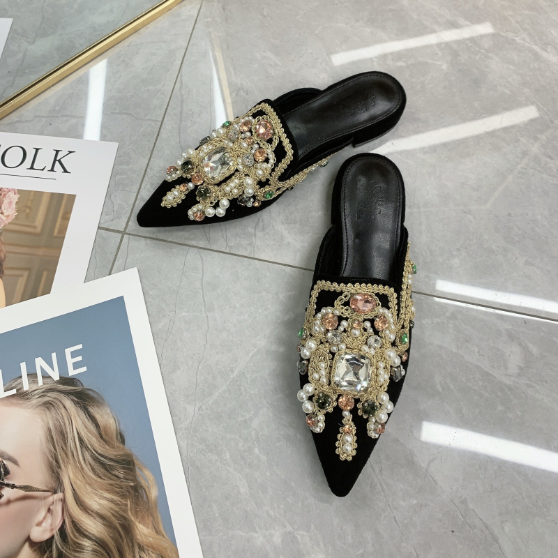 Ženske mule s velurom na vrhu, ukrašene rhinestones i čipkom, protuklizna PU potplat, unutrašnjost imitacija kože, etnički stil