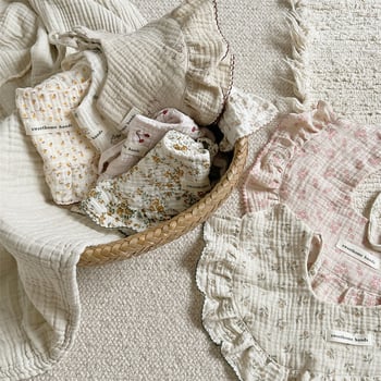 Бебешки лигавник от марля в корейски стил с флорални мотиви, печат, прежда 40, тегло 100–120 г, за бебета