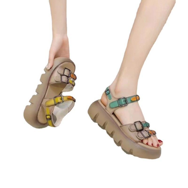 Ženske rimske sandale od prave kože s debelim potplatom, retro stil, prstiju oblik: riblje usta, Velcro zatvarač, PU potplat, PU unutrašnjost