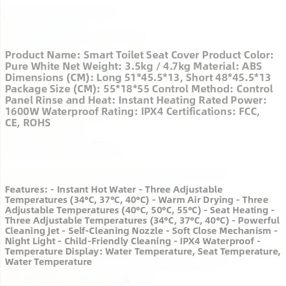 Έξυπνο κάλυμμα λεκάνης τουαλέτας με άμεση θέρμανση, αυτόματο στέγνωμα, πλύση bidet με αυτοκαθαριζόμενο ακροφύσιο, τηλεχειριστήριο, ρυθμιζόμενη απόσταση οπών 13–20 cm