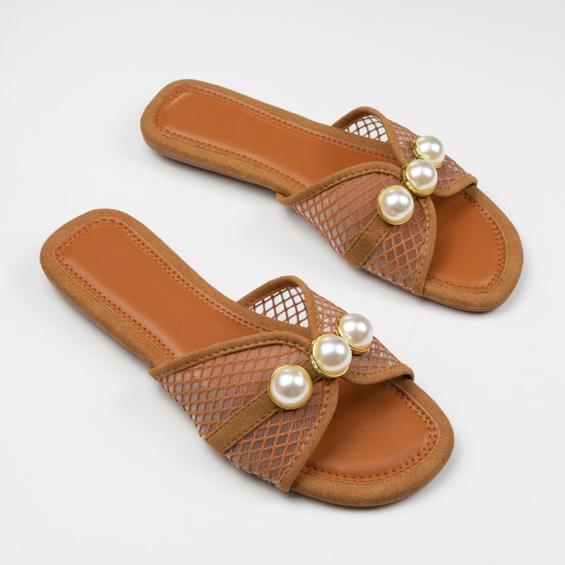 Ženske PU sandale s perlama, mrežasti uzorak, podstava od tkanine, PVC potplat, slip-on (PU gornji, PVC potplat, mrežasti uzorak, tkanina podstava, slip-on)