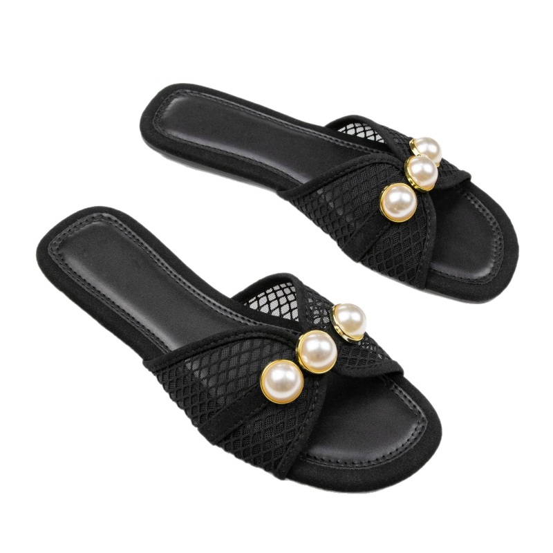 Ženske PU sandale s perlama, mrežasti uzorak, podstava od tkanine, PVC potplat, slip-on (PU gornji, PVC potplat, mrežasti uzorak, tkanina podstava, slip-on)