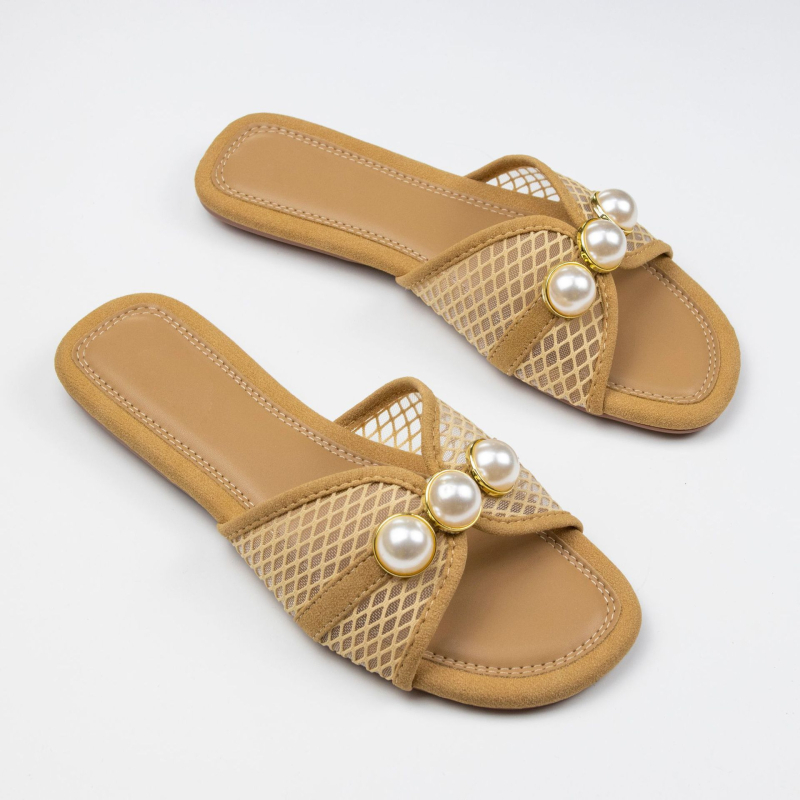 Ženske PU sandale s perlama, mrežasti uzorak, podstava od tkanine, PVC potplat, slip-on (PU gornji, PVC potplat, mrežasti uzorak, tkanina podstava, slip-on)