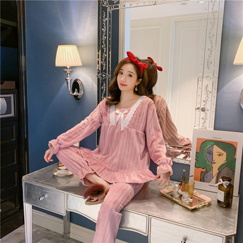 Γυναικείο φανελένιο σετ φθινοπώρου-χειμώνα με στρογγυλή λαιμόκοψη, casual ροζ, χαριτωμένο, για κορίτσια από τη Νοτιοανατολική Ασία