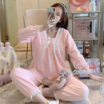 Γυναικείο φανελένιο σετ φθινοπώρου-χειμώνα με στρογγυλή λαιμόκοψη, casual ροζ, χαριτωμένο, για κορίτσια από τη Νοτιοανατολική Ασία