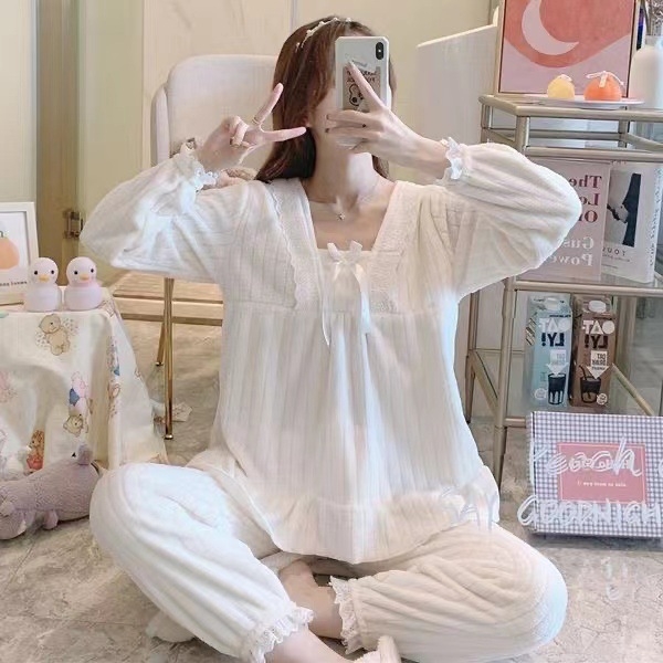 Γυναικείο φανελένιο σετ φθινοπώρου-χειμώνα με στρογγυλή λαιμόκοψη, casual ροζ, χαριτωμένο, για κορίτσια από τη Νοτιοανατολική Ασία