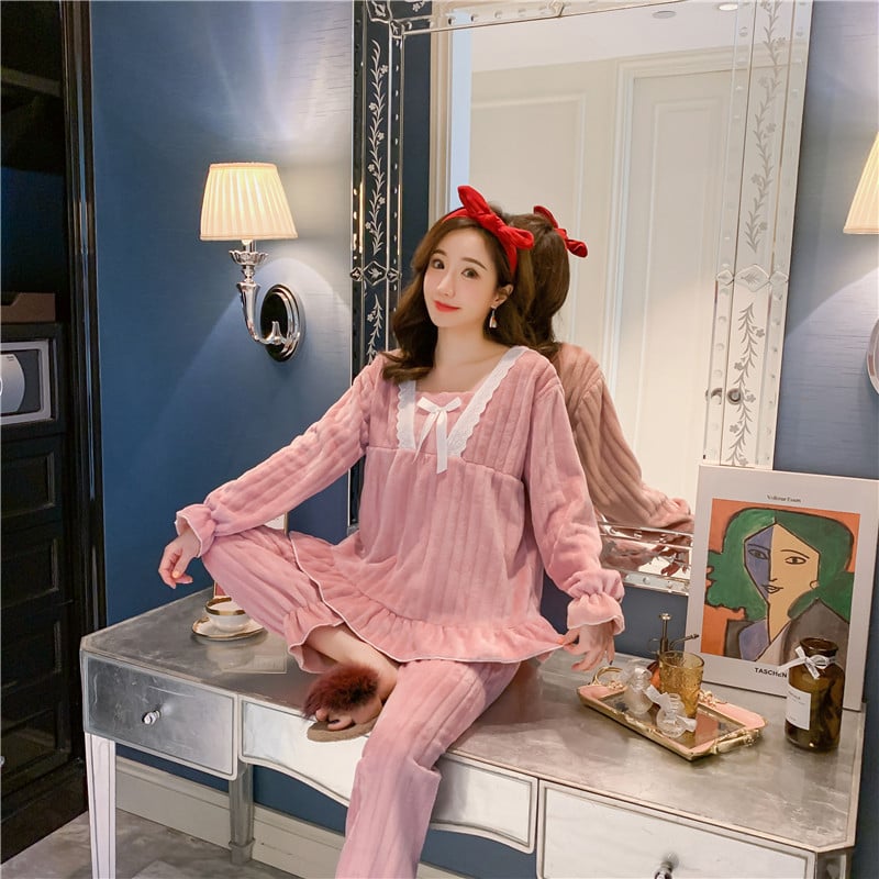 Γυναικείο φανελένιο σετ φθινοπώρου-χειμώνα με στρογγυλή λαιμόκοψη, casual ροζ, χαριτωμένο, για κορίτσια από τη Νοτιοανατολική Ασία