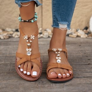 Plažni sandali - Boho cvjetni kristalni ukrasi, PU gornji dio, gumena potplat, okrugli vrh, ravna peta