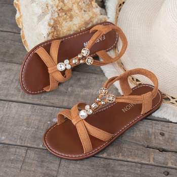 Plažni sandali - Boho cvjetni kristalni ukrasi, PU gornji dio, gumena potplat, okrugli vrh, ravna peta