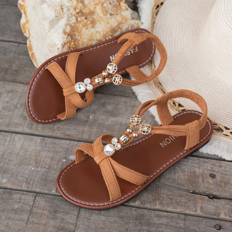Plažni sandali - Boho cvjetni kristalni ukrasi, PU gornji dio, gumena potplat, okrugli vrh, ravna peta