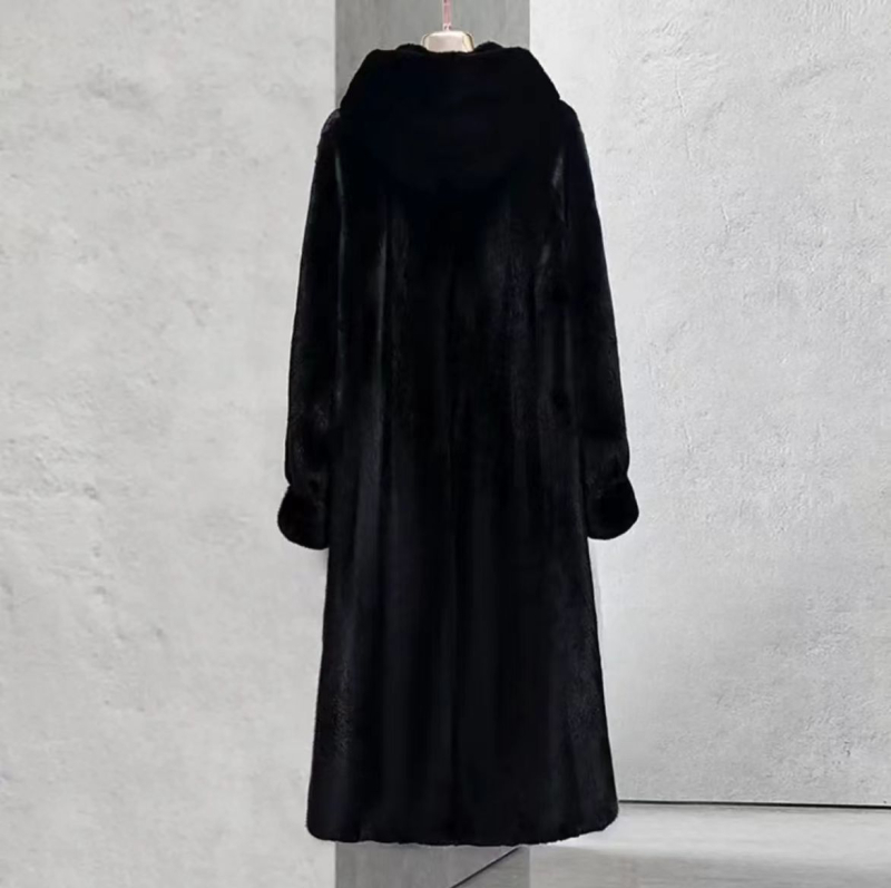 Dug ženski kaput od umjetnog krzna s kapuljačom – halter ovratnik, dugi rukavi, umjetno krzno, zimsko izdanje 2024, elegantan stil