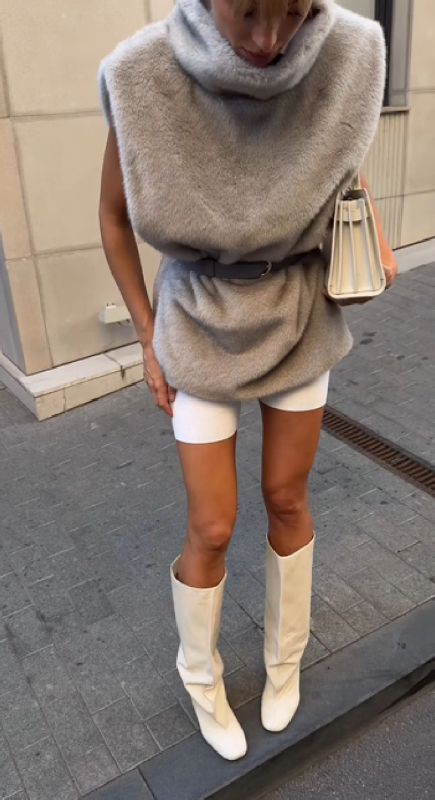 Vesta od umjetnog krzna bez rukava, Half-Turtleneck ovratnik, normalna duljina 50–65 cm, poliester materijal, stil zvijezde, jesen 2024