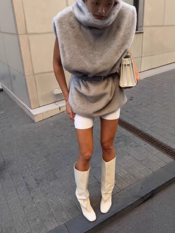 Vesta od umjetnog krzna bez rukava, Half-Turtleneck ovratnik, normalna duljina 50–65 cm, poliester materijal, stil zvijezde, jesen 2024