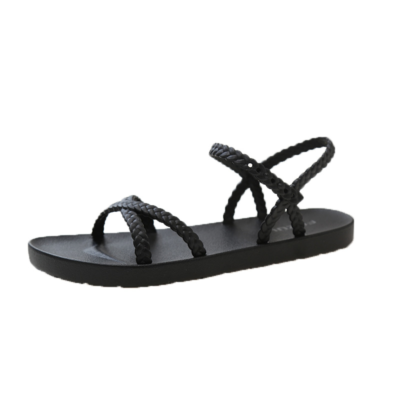 Ženske sandale s remenčićima, okrugla vrh prsta, niski gornji dio, kaiš za gležanj, ravna potplata
