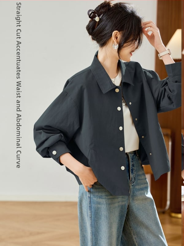 Női pamutkeverék rövid kabát, egyszínű, laza szabás, rövid hossz, hosszú ujjú, leeső váll, galléros rever, tavasz 2026