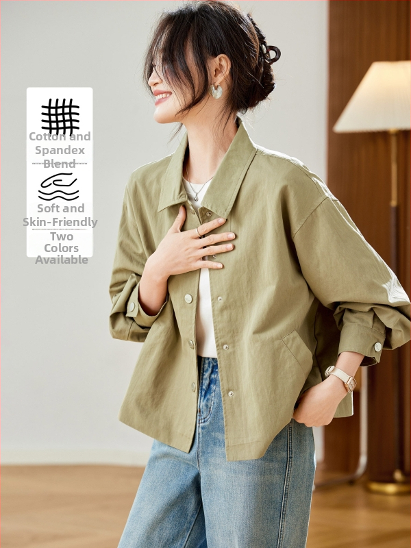 Női pamutkeverék rövid kabát, egyszínű, laza szabás, rövid hossz, hosszú ujjú, leeső váll, galléros rever, tavasz 2026
