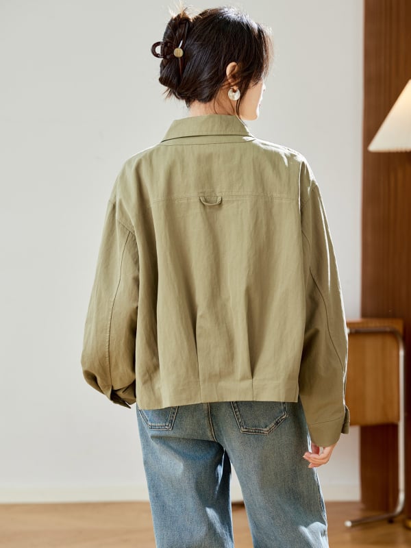 Női pamutkeverék rövid kabát, egyszínű, laza szabás, rövid hossz, hosszú ujjú, leeső váll, galléros rever, tavasz 2026