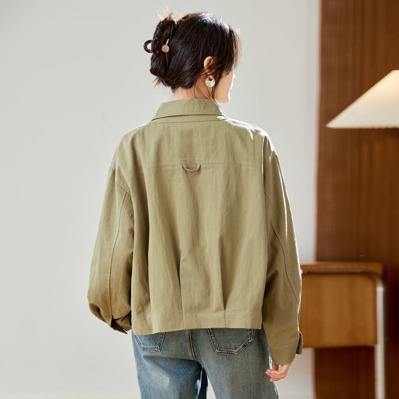 Női pamutkeverék rövid kabát, egyszínű, laza szabás, rövid hossz, hosszú ujjú, leeső váll, galléros rever, tavasz 2026