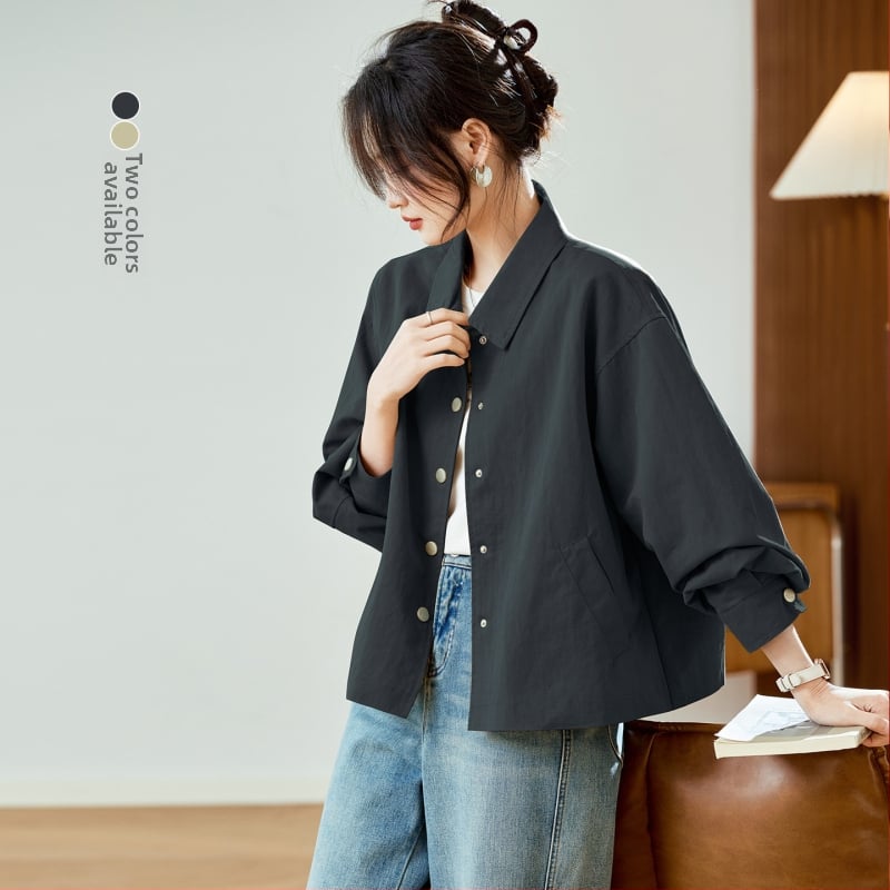 Női pamutkeverék rövid kabát, egyszínű, laza szabás, rövid hossz, hosszú ujjú, leeső váll, galléros rever, tavasz 2026