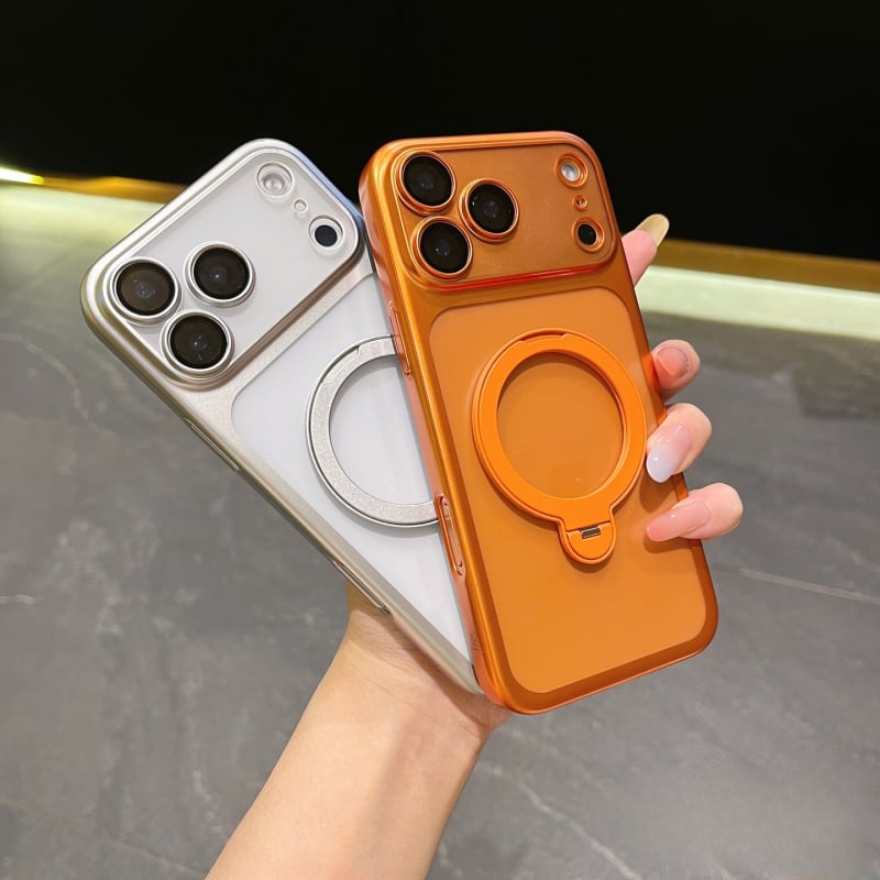 Pouzdro na telefón, elektroplatovaný matný povrch, magnetická podpora, pre radu iPhone 11–17 (materiál PC, elektroplating, tlmenie otrasov, magnetická podpora, antiotlačky)