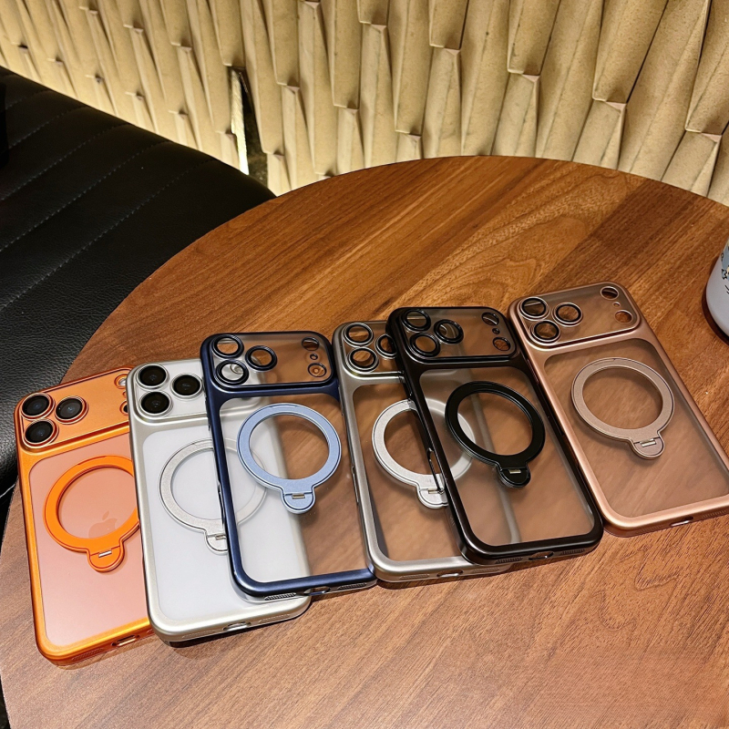 Pouzdro na telefón, elektroplatovaný matný povrch, magnetická podpora, pre radu iPhone 11–17 (materiál PC, elektroplating, tlmenie otrasov, magnetická podpora, antiotlačky)