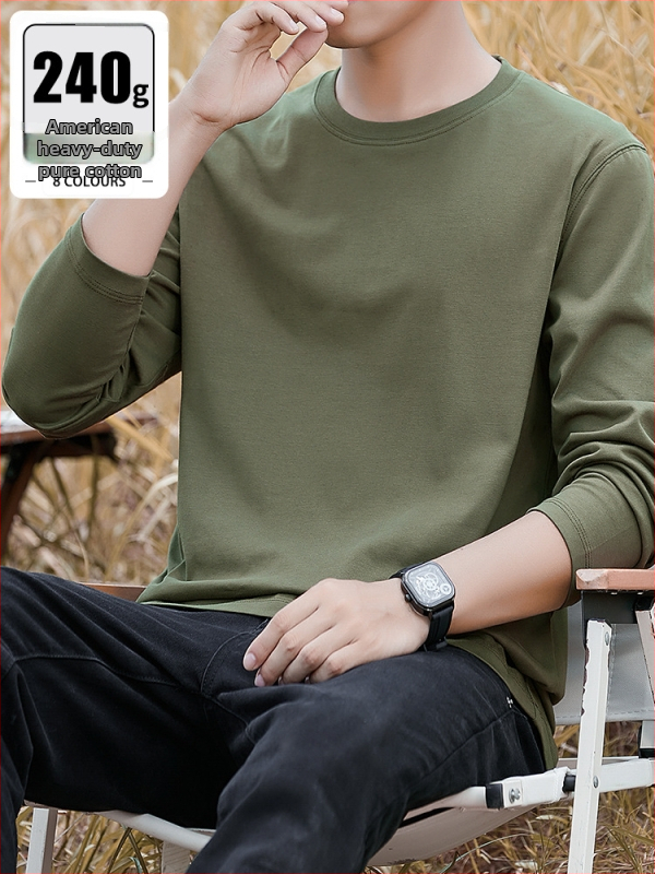 Мъжка памучна T-shirt с дълъг ръкав, свободна кройка, 100% памук, 250–300 g, кръгла яка, за ежедневна употреба през пролетта и есен.