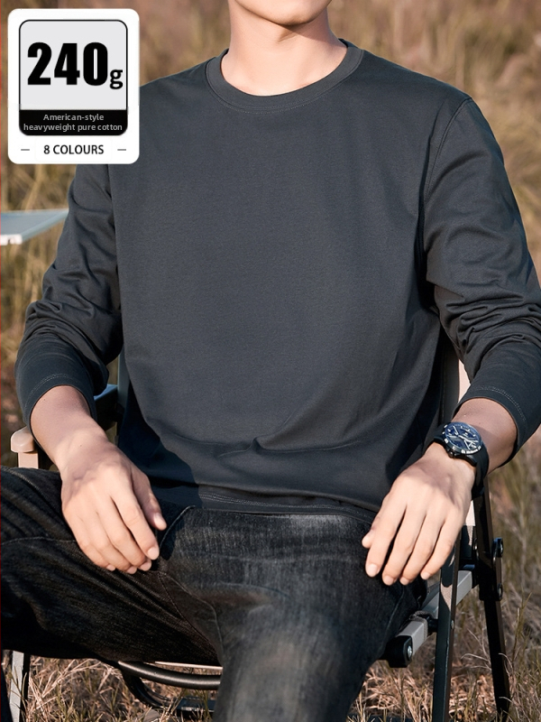 Мъжка памучна T-shirt с дълъг ръкав, свободна кройка, 100% памук, 250–300 g, кръгла яка, за ежедневна употреба през пролетта и есен.