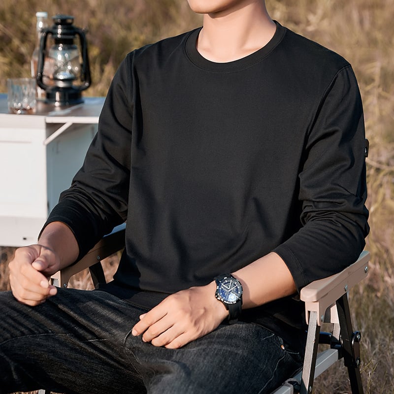 Мъжка памучна T-shirt с дълъг ръкав, свободна кройка, 100% памук, 250–300 g, кръгла яка, за ежедневна употреба през пролетта и есен.