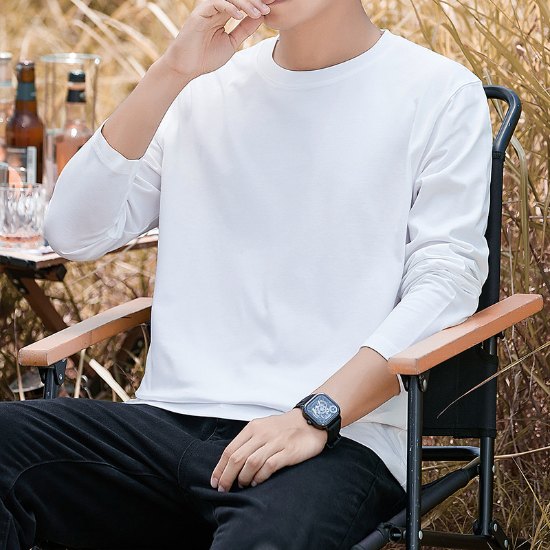 Мъжка памучна T-shirt с дълъг ръкав, свободна кройка, 100% памук, 250–300 g, кръгла яка, за ежедневна употреба през пролетта и есен.