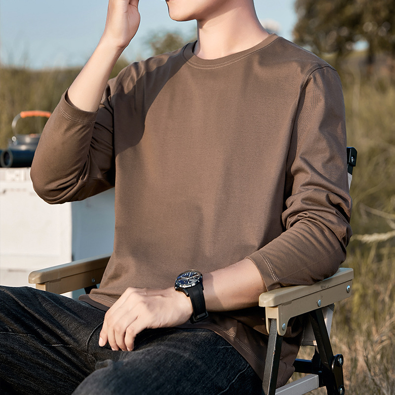 Мъжка памучна T-shirt с дълъг ръкав, свободна кройка, 100% памук, 250–300 g, кръгла яка, за ежедневна употреба през пролетта и есен.