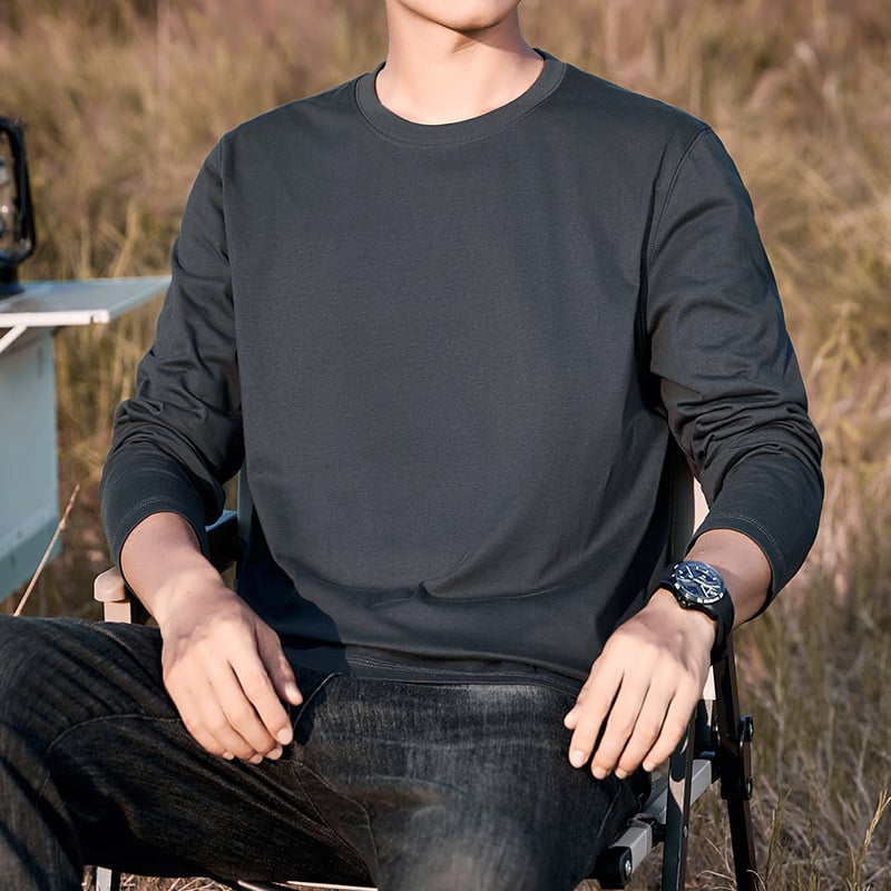Мъжка памучна T-shirt с дълъг ръкав, свободна кройка, 100% памук, 250–300 g, кръгла яка, за ежедневна употреба през пролетта и есен.