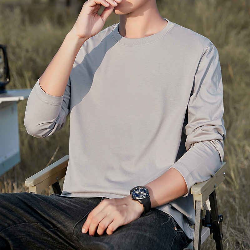 Мъжка памучна T-shirt с дълъг ръкав, свободна кройка, 100% памук, 250–300 g, кръгла яка, за ежедневна употреба през пролетта и есен.