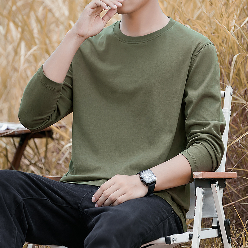 Мъжка памучна T-shirt с дълъг ръкав, свободна кройка, 100% памук, 250–300 g, кръгла яка, за ежедневна употреба през пролетта и есен.