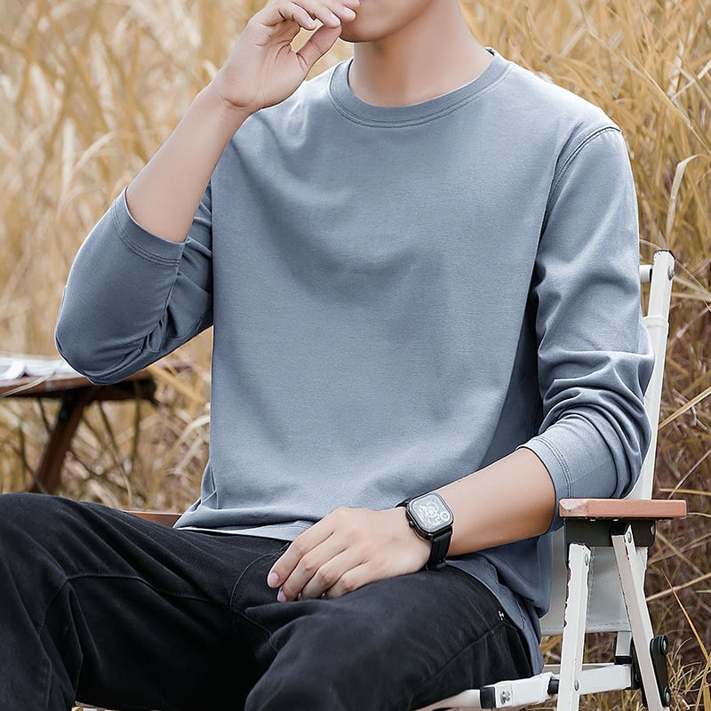 Мъжка памучна T-shirt с дълъг ръкав, свободна кройка, 100% памук, 250–300 g, кръгла яка, за ежедневна употреба през пролетта и есен.