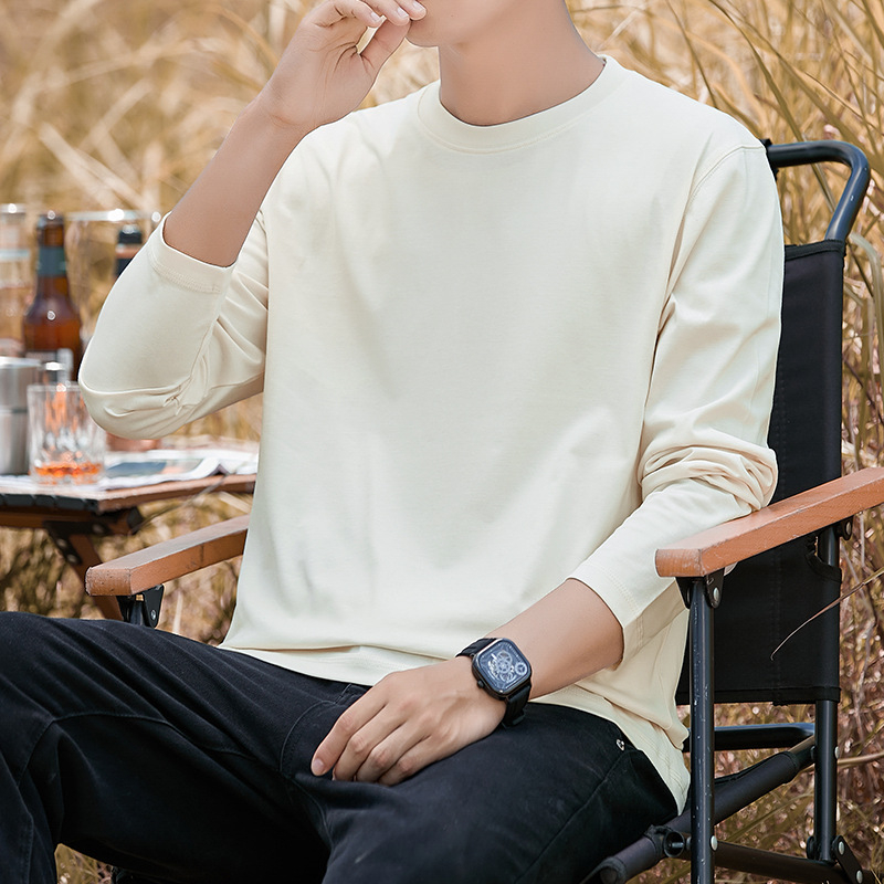 Мъжка памучна T-shirt с дълъг ръкав, свободна кройка, 100% памук, 250–300 g, кръгла яка, за ежедневна употреба през пролетта и есен.