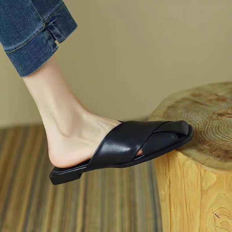 Női zártujjú szövött felső részű lapos szandál PU talppal, belső textil, mindennapi viselet, nyár 2024