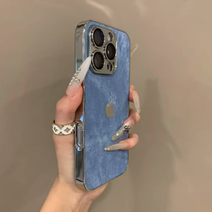 Pouzdro na iPhone s denim vzorom s elektroplatingom, nárazuvzdorné, odvádzanie tepla, proti otlačkom prstov, odolné voči opotrebeniu; kompatibilné s iPhone 12–14 Pro/Max