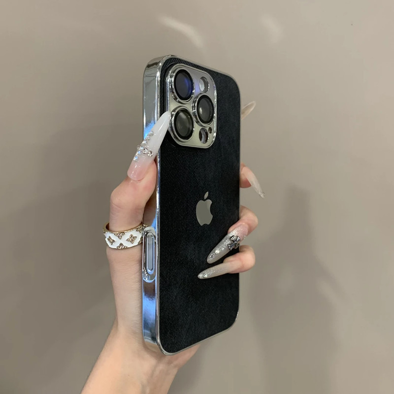 Pouzdro na iPhone s denim vzorom s elektroplatingom, nárazuvzdorné, odvádzanie tepla, proti otlačkom prstov, odolné voči opotrebeniu; kompatibilné s iPhone 12–14 Pro/Max