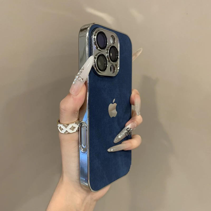 Pouzdro na iPhone s denim vzorom s elektroplatingom, nárazuvzdorné, odvádzanie tepla, proti otlačkom prstov, odolné voči opotrebeniu; kompatibilné s iPhone 12–14 Pro/Max