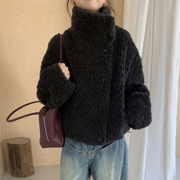Ženski kaput od vune i nubuka, stojeći ovratnik, dugi rukavi, normalna duljina, elegantan svakodnevni stil