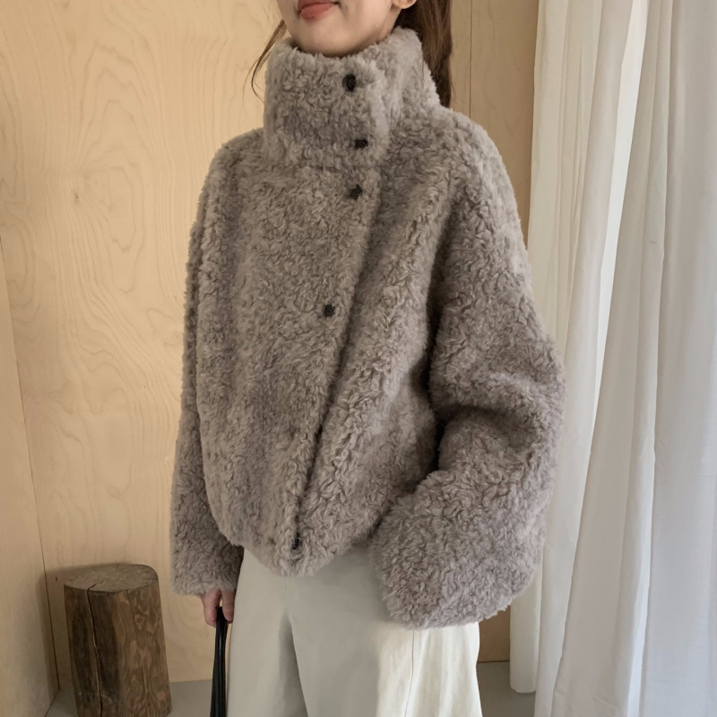 Ženski kaput od vune i nubuka, stojeći ovratnik, dugi rukavi, normalna duljina, elegantan svakodnevni stil