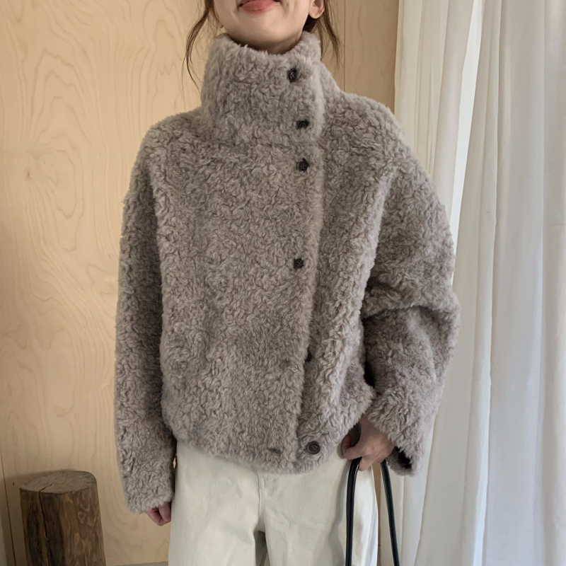 Ženski kaput od vune i nubuka, stojeći ovratnik, dugi rukavi, normalna duljina, elegantan svakodnevni stil