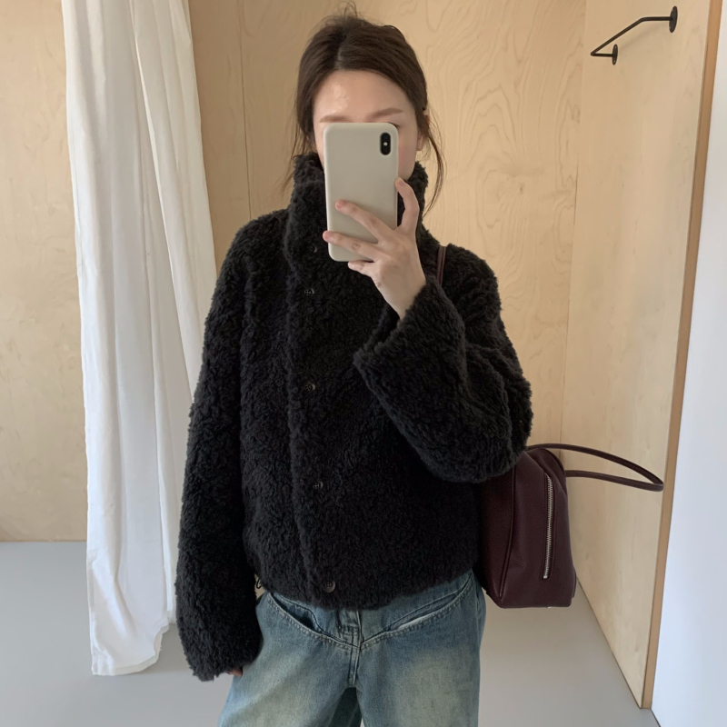Ženski kaput od vune i nubuka, stojeći ovratnik, dugi rukavi, normalna duljina, elegantan svakodnevni stil