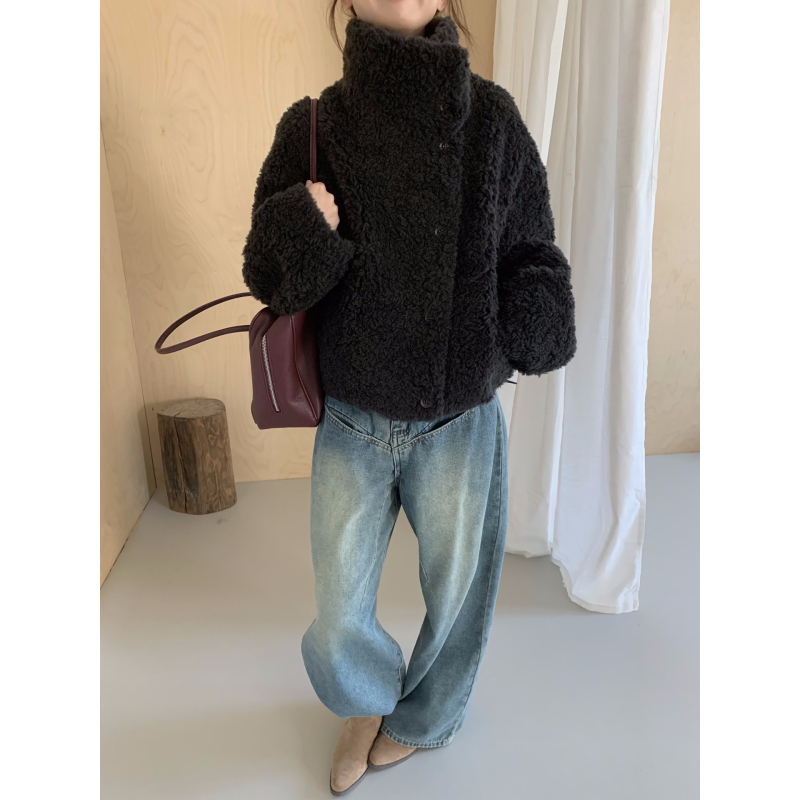 Ženski kaput od vune i nubuka, stojeći ovratnik, dugi rukavi, normalna duljina, elegantan svakodnevni stil