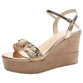 Sandale cu platformă impermeabile, cu strasuri, partea superioară PU, vârf rotund, curele, talpă din cauciuc, închidere cu o cataramă