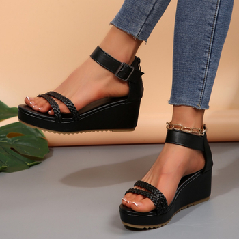 Sandale dama cu deget în formă de gură de pește, toc în formă de clin, fermoar pe spate, partea superioară PU, căptușeală PU, talpă din cauciuc