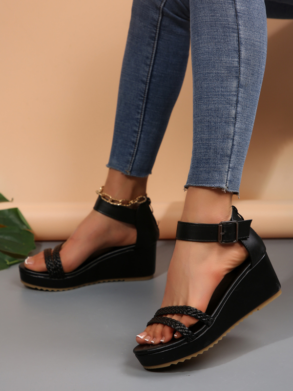 Sandale dama cu deget în formă de gură de pește, toc în formă de clin, fermoar pe spate, partea superioară PU, căptușeală PU, talpă din cauciuc