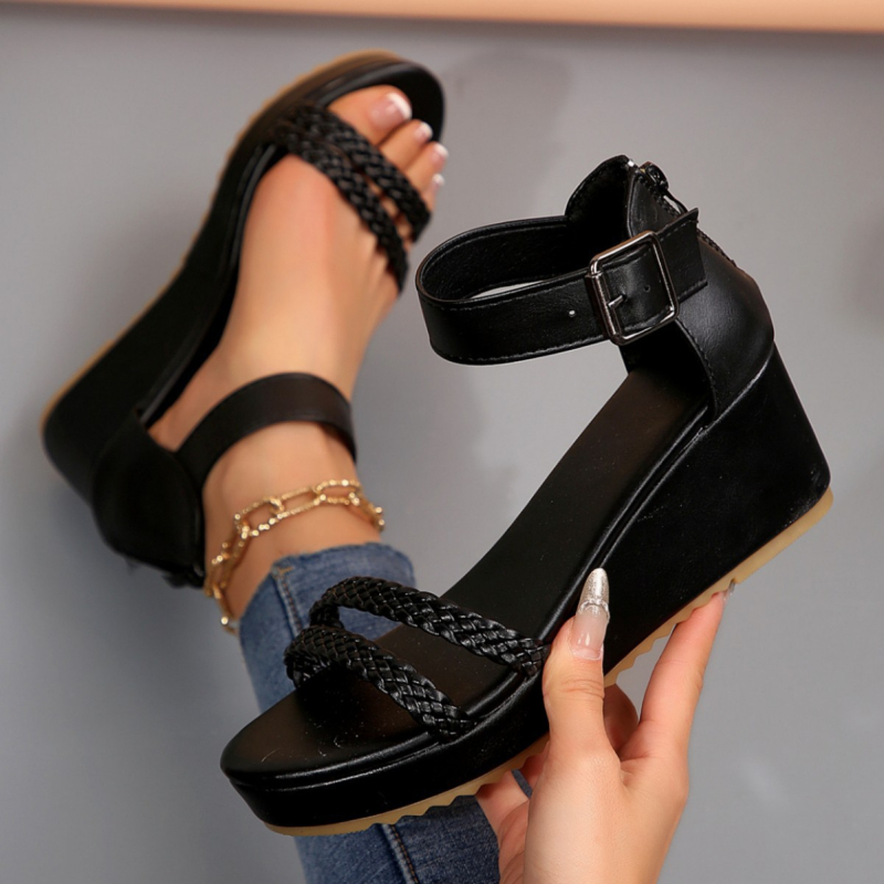 Sandale dama cu deget în formă de gură de pește, toc în formă de clin, fermoar pe spate, partea superioară PU, căptușeală PU, talpă din cauciuc