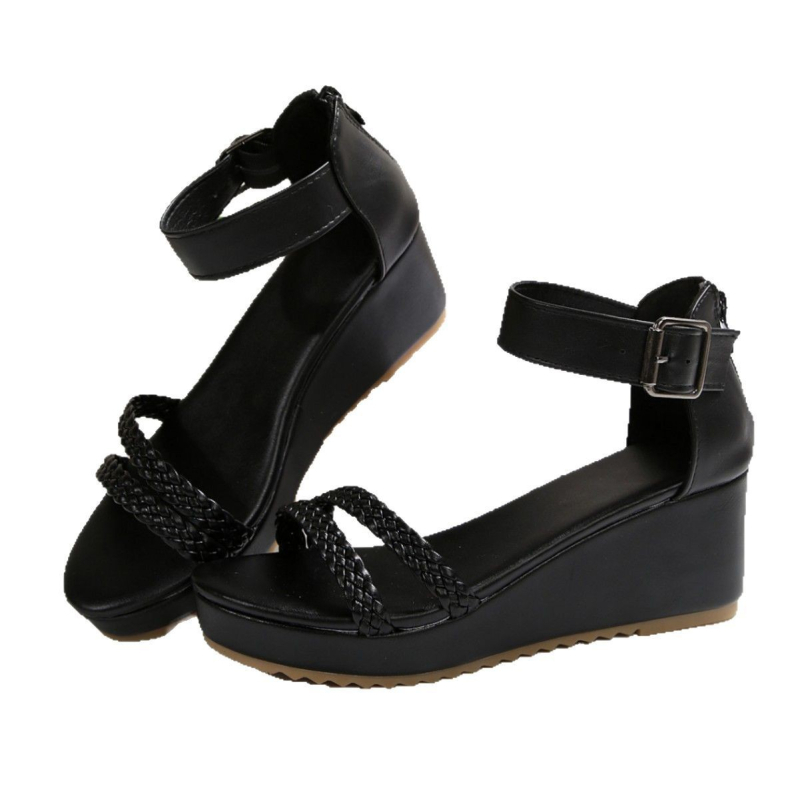 Sandale dama cu deget în formă de gură de pește, toc în formă de clin, fermoar pe spate, partea superioară PU, căptușeală PU, talpă din cauciuc